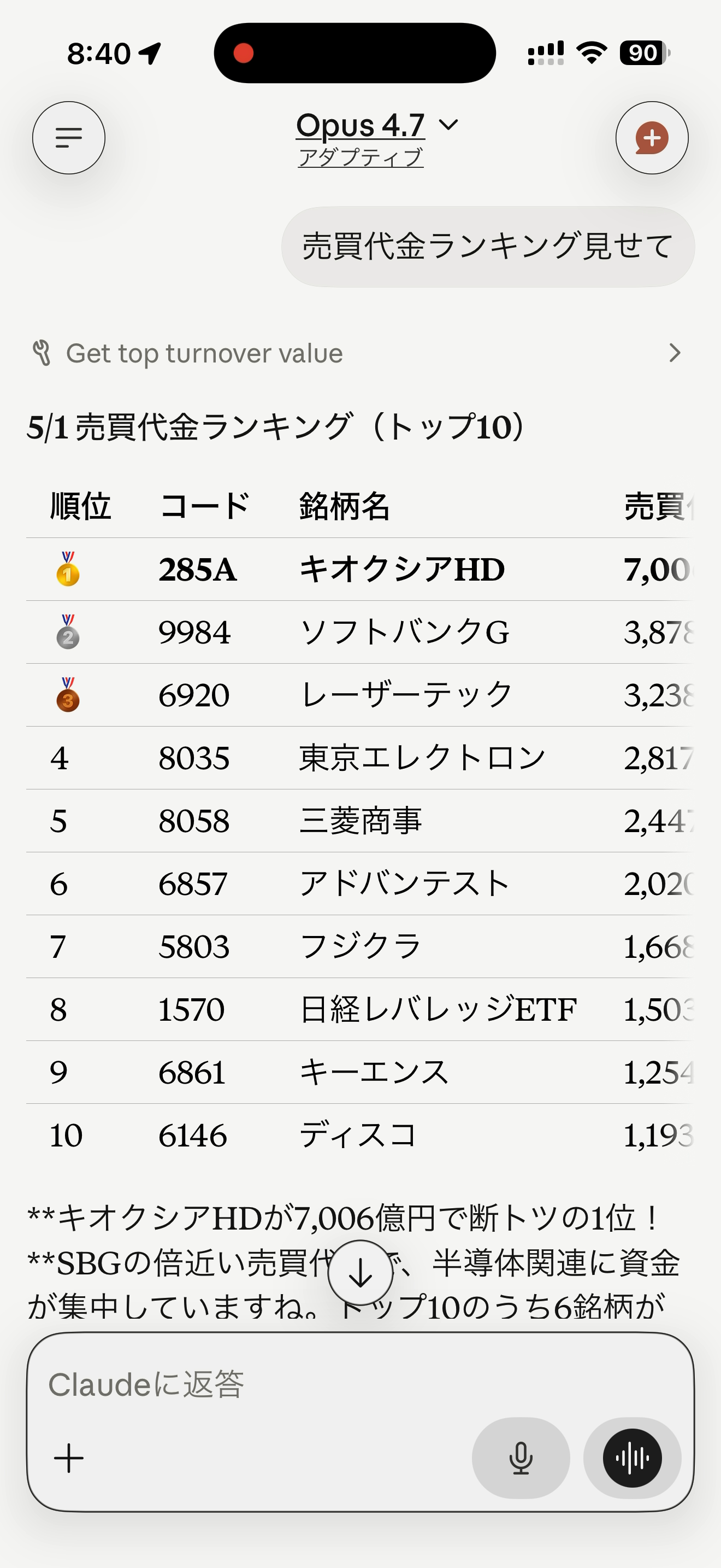 Claude iPhone アプリ上の売買代金ランキング